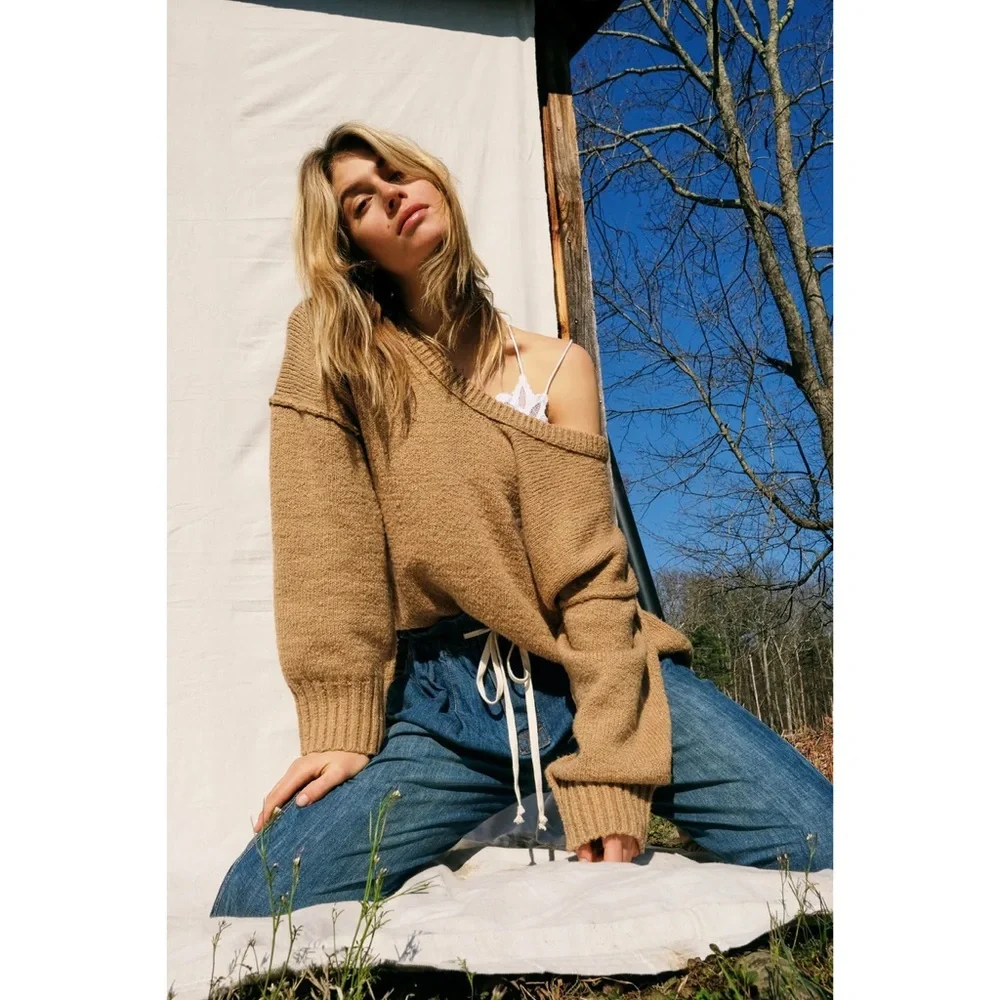 Free People Brookside Tunic Sweater Camel Tan Knit Oversized Sweater